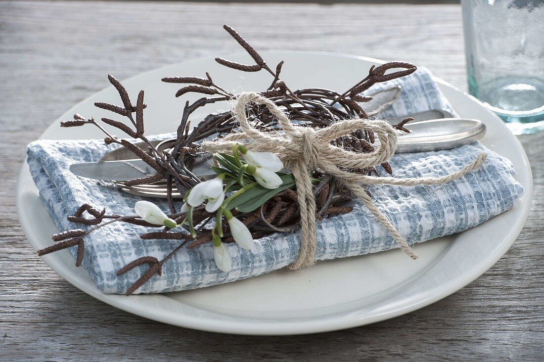 Small wreath made from branches of Betula (birch) and Galanthus