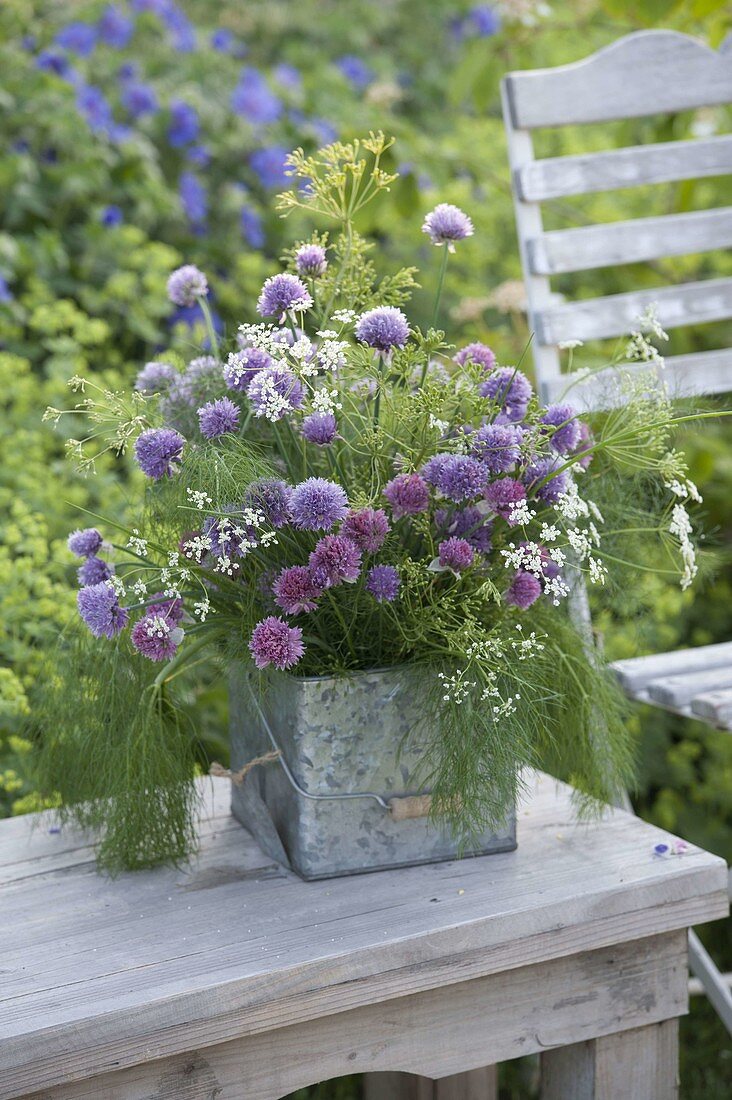 Herb bouquet in a zinc container: flowers of chives