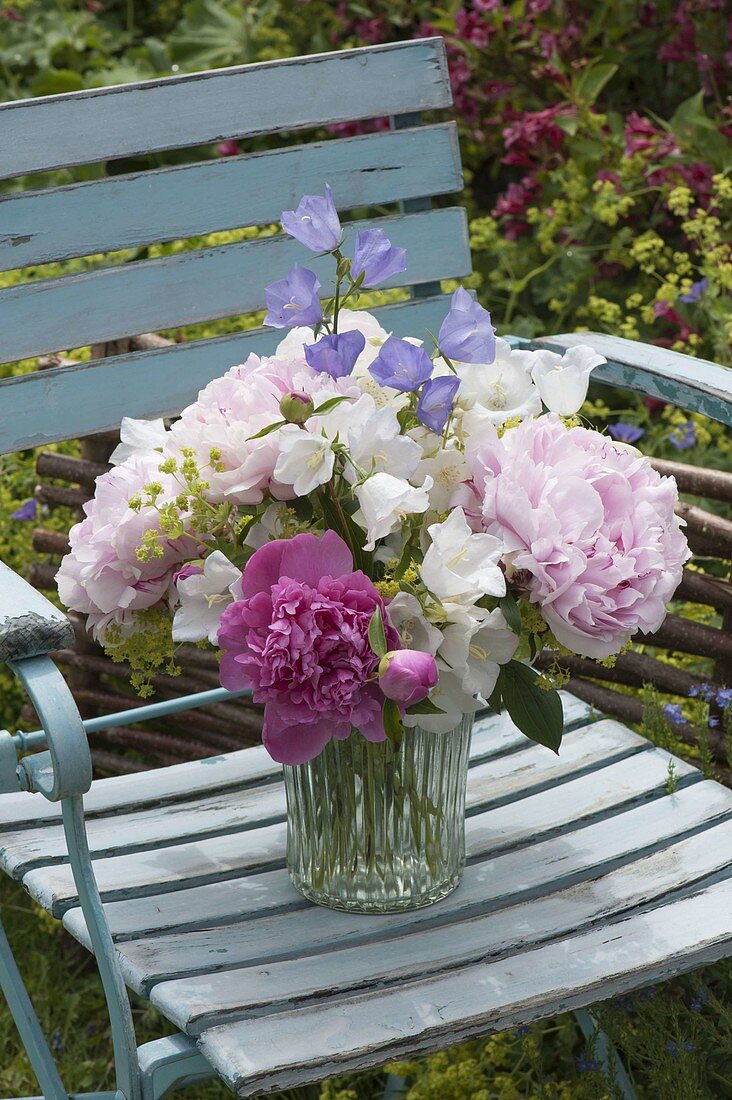 Simple bouquet of Paeonia lactiflora (peonies), Campanula persicifol