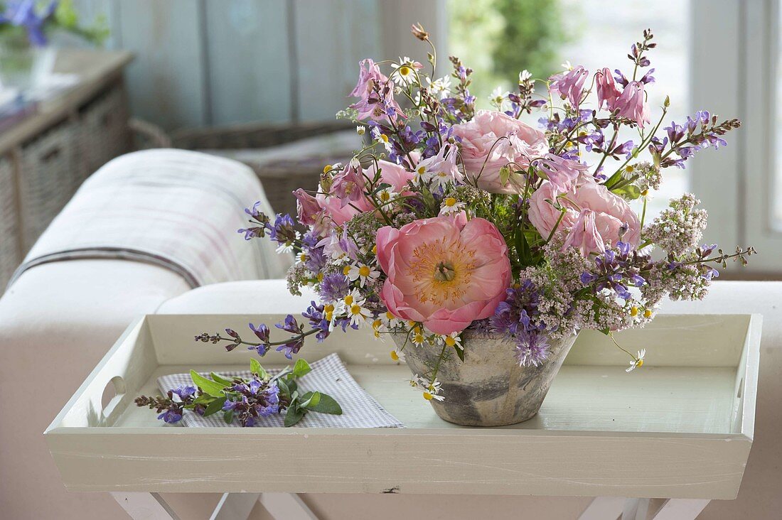 Bouquet of Paeonia lactiflora 'Coral Charme' (Peonies), Pink (Roses)