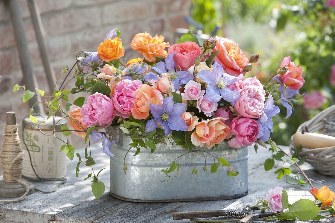 Pink (rose) and clematis 'Perle D'Azur' (clematis) arrangement