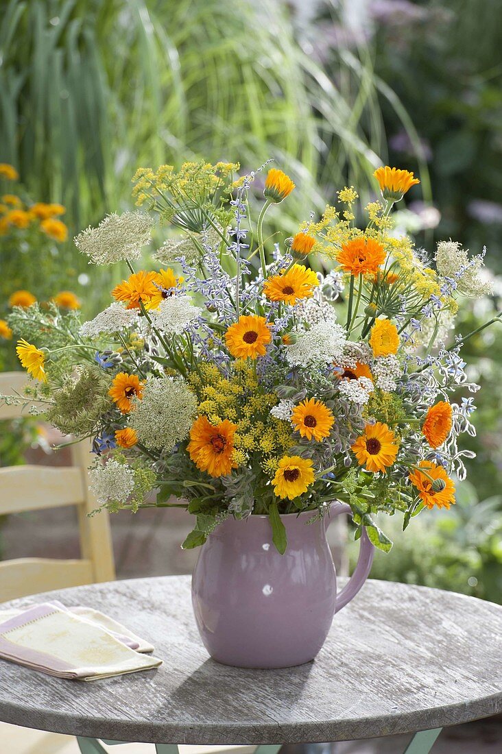 Rural summer bouquet: Calendula (marigolds), Fennel (Foeniculum)
