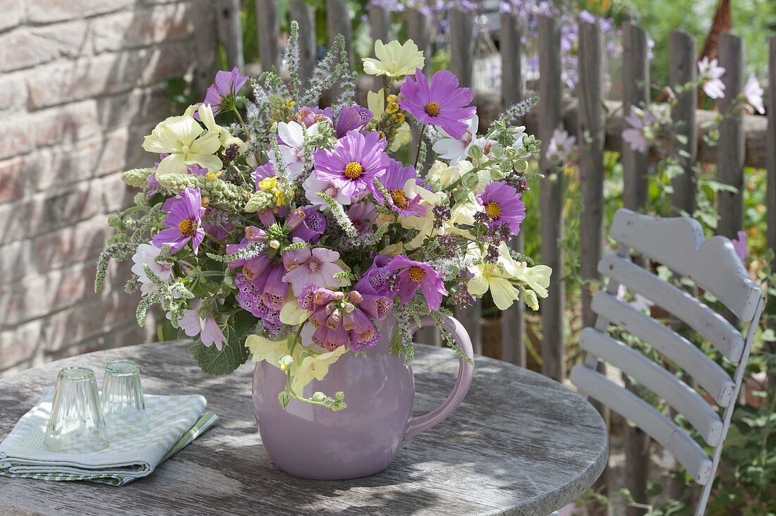 Pink-yellow bouquet of Cosmos (Jewel Basket), Lavatera (Mallow)