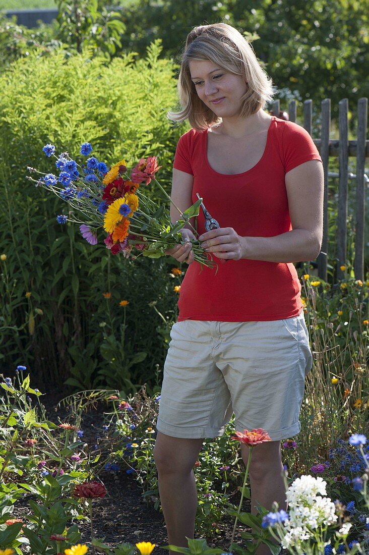 Frau pflückt Blumen im Bauerngarten