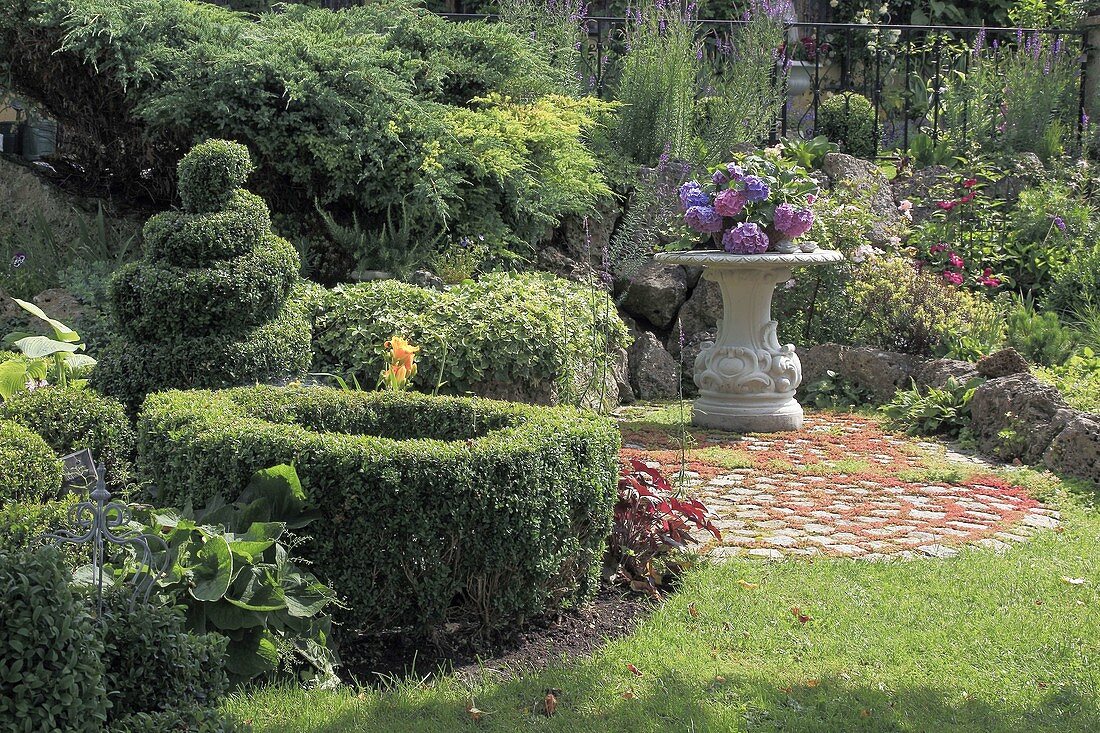 Boxwood topiary on a small terrace in the garden