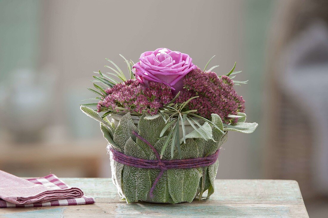 Small bouquet of Sedum (Stonecrop), Rosa (Rose)