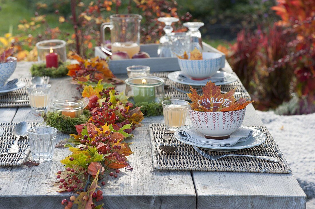 Autumn table decoration with garland of autumn leaves and rosehips