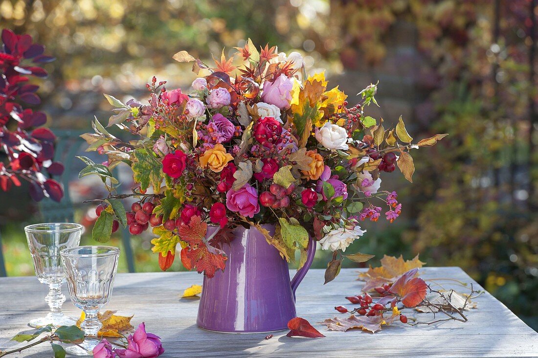 Autumn bouquet with Rosa, Malus, Euonymus