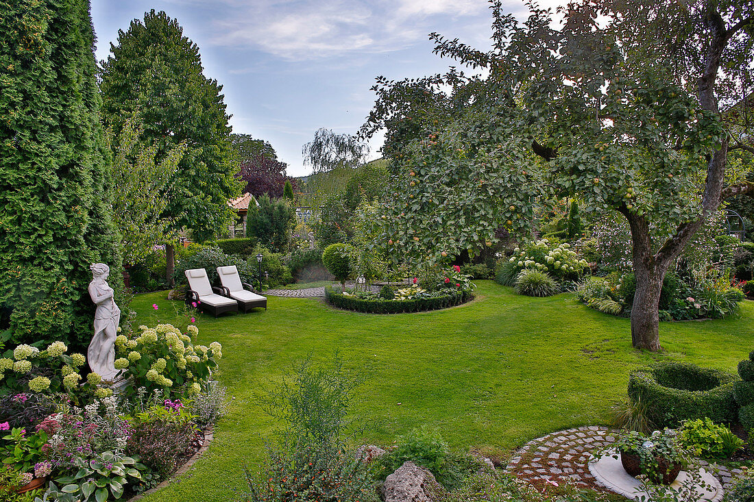 View into garden with picturesque apple tree