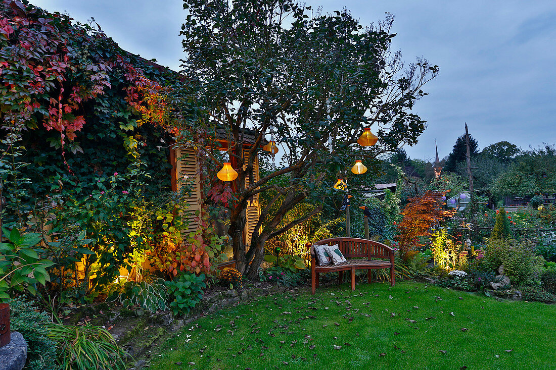 Autumn evening in the garden with lanterns