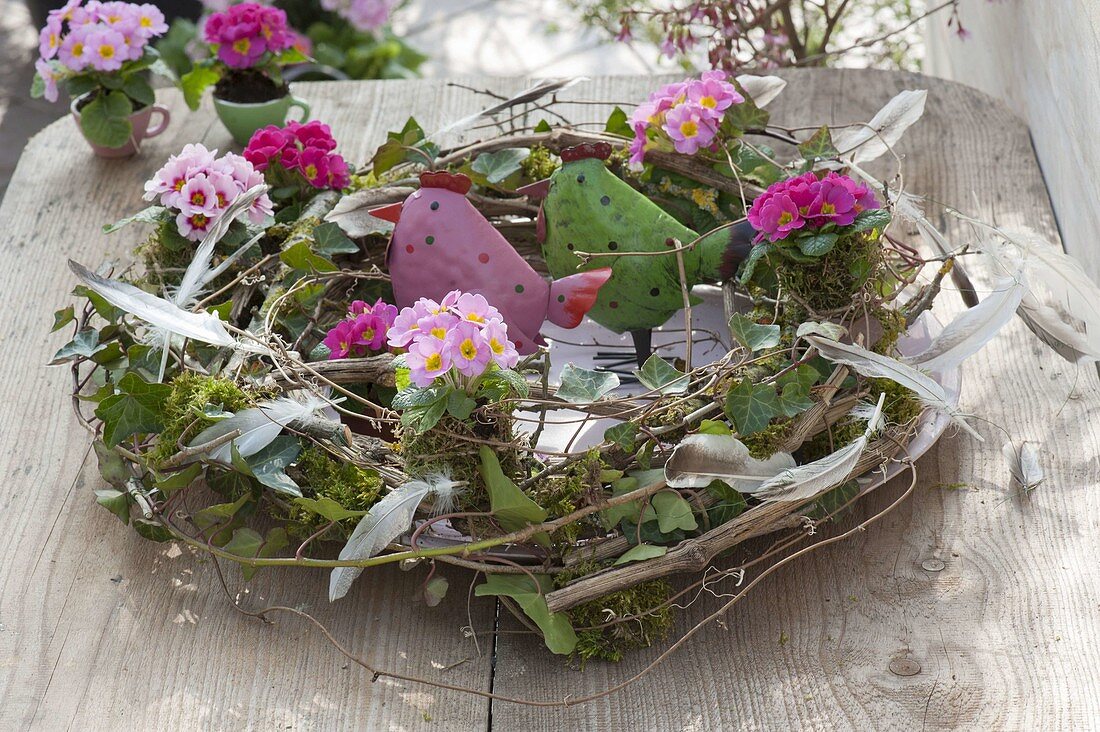 Kranz aus Clematis-Ranken , Hedera (Efeu) und Moos , Primula acaulis