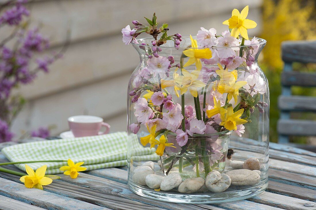 Strauss aus Prunus (Zierkirsche) und Narcissus 'Tete a Tete' (Narzissen)