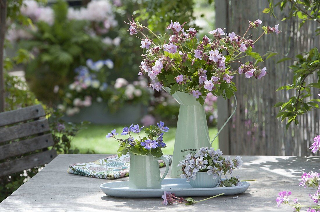 Geranium (cranesbill) bouquet on garden table