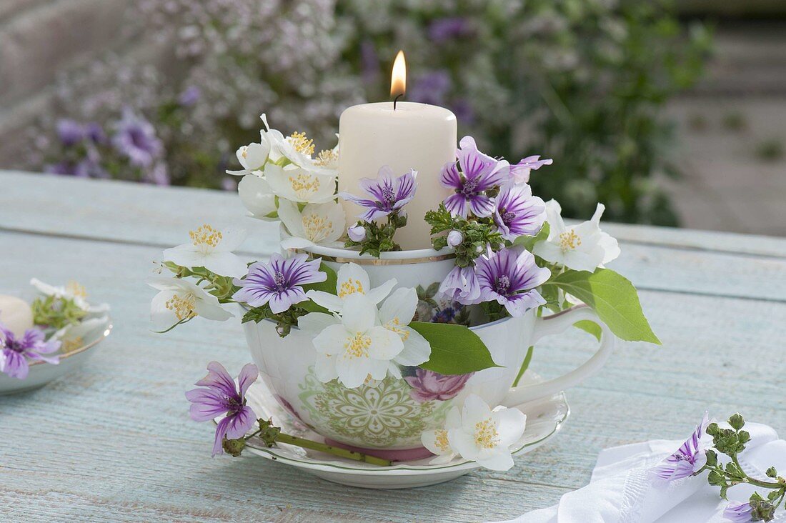 Kleines Windlicht 'Tasse in Tasse' : Blüten von Malva sylvestris