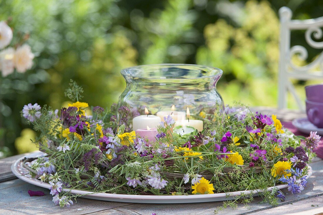 Wreath with lantern made from Galega, Anthemis