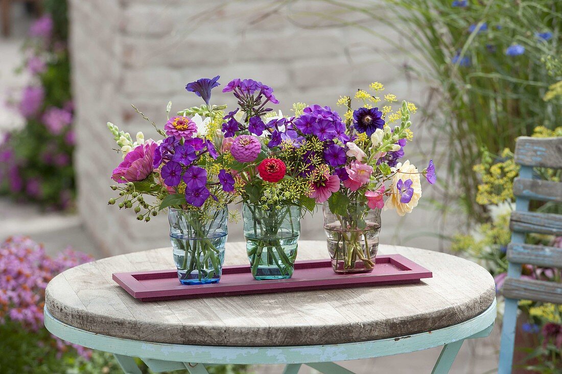 Small bouquets of summer flowers and perennials