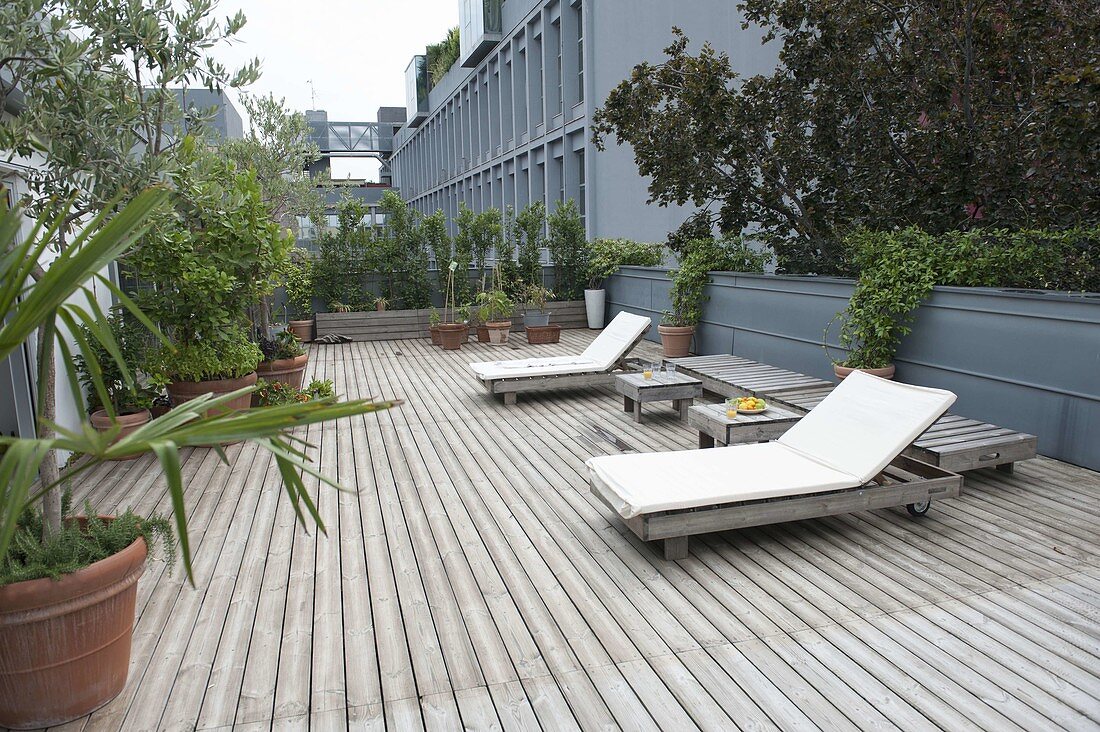 Mediterranean roof terrace with wooden deck