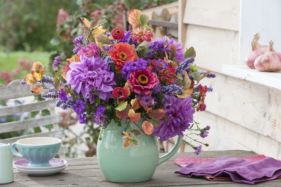 Red-violet autumnal bouquet, Dahlia, Zinia, Phlox