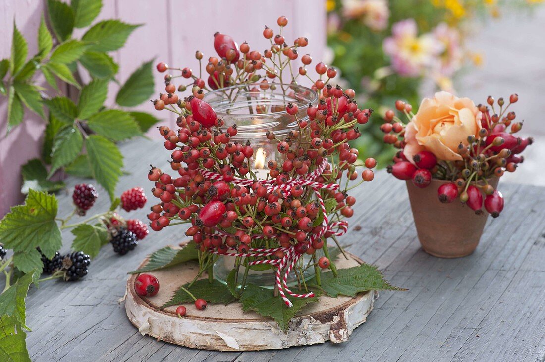 Preserving jar dressed as a lantern with various rosehips