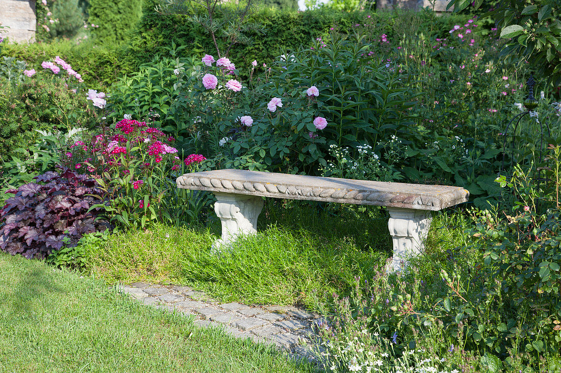 Stone bench in bed between Rosa (roses), Dianthus barbatus (bearded carnations), Heuchera (purple bellflower), cushion phlox as ground cover under bench