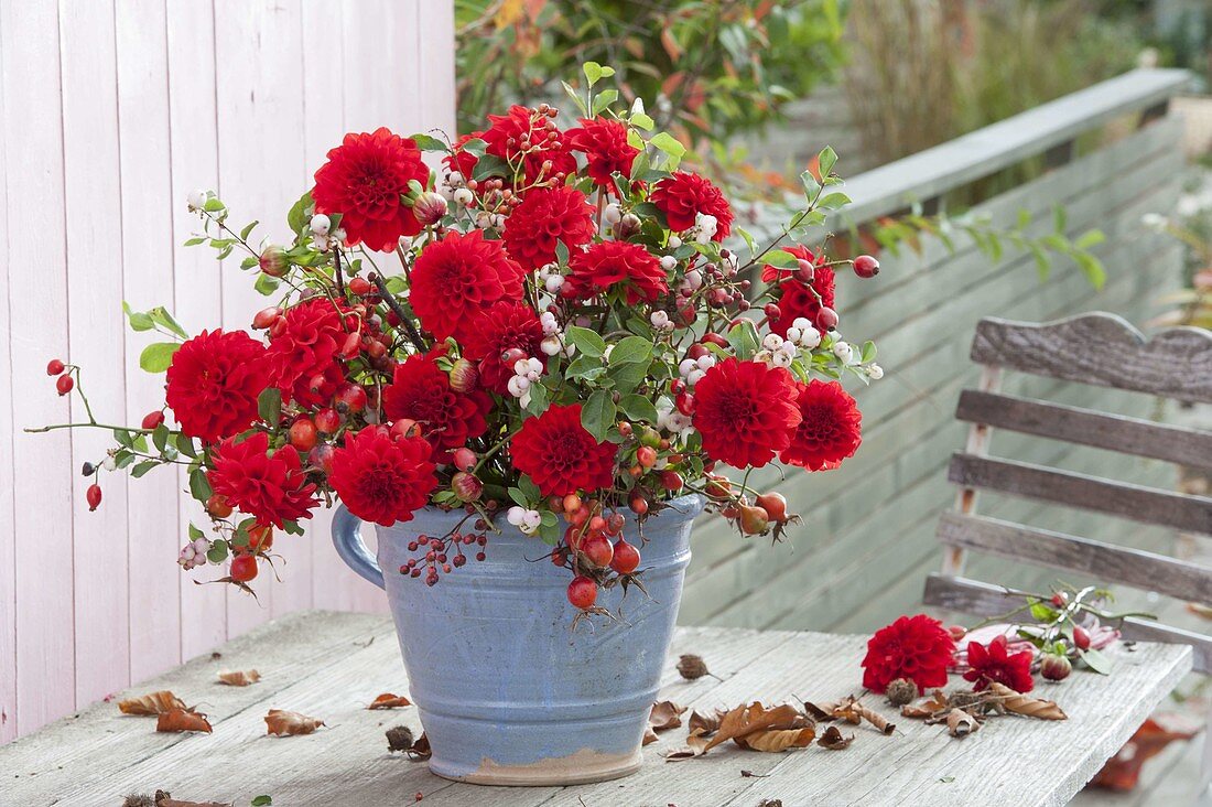 Roter Strauss aus Dahlia (Dahlien), Rosa (Hagebutten), Malus (Zieräpfel)