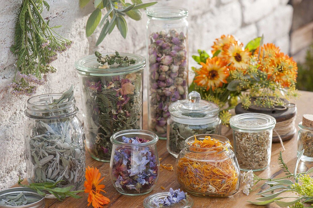 Gläser mit getrockneten Blüten und Blättern für Teemischungen
