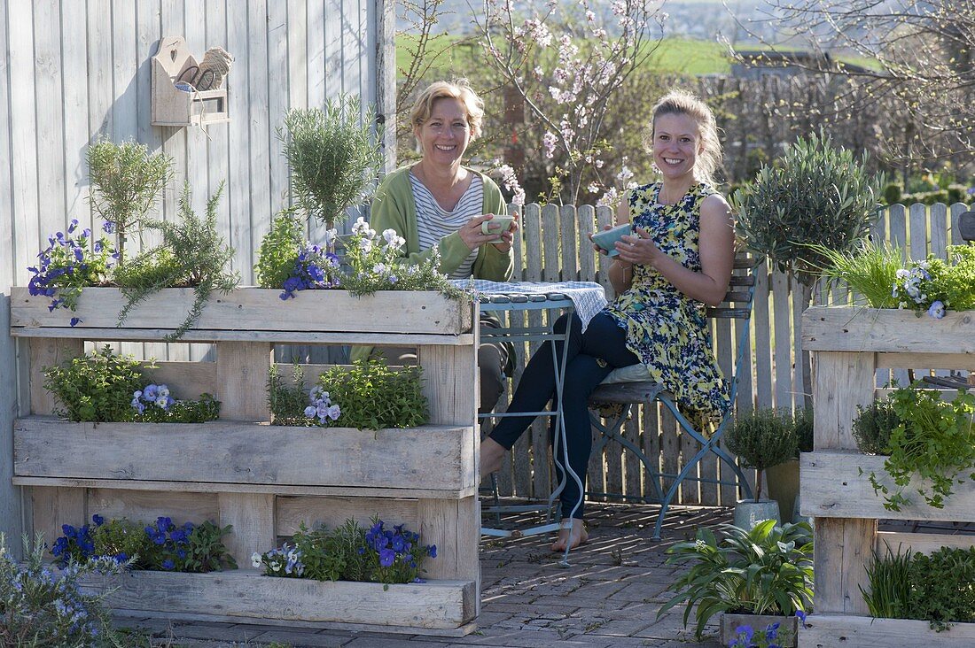 Terrace with planted Euro pallets as privacy screen