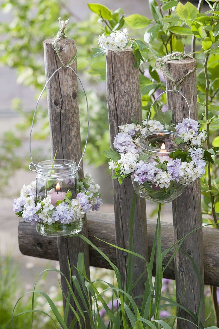 Small lanterns with Crataegus and Syringa wreaths