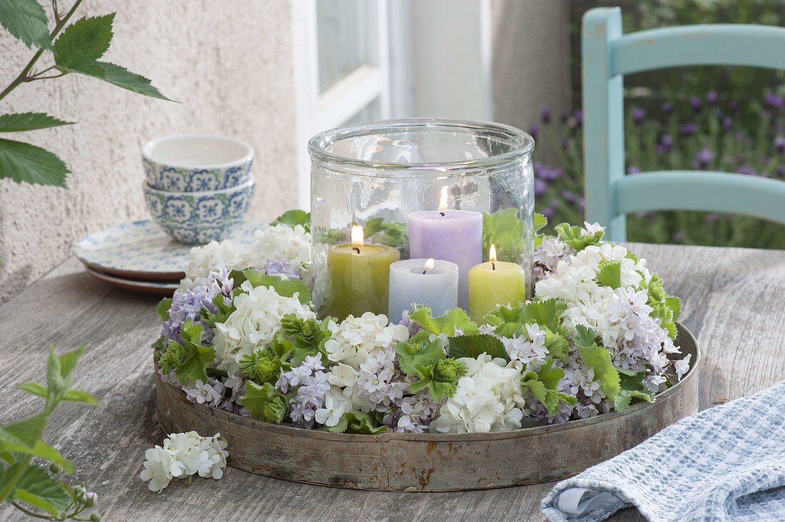 Flowers wreath of viburnum (viburnum), syringa (lilac)