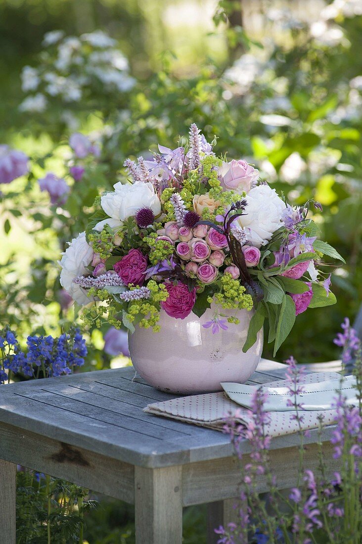 Lush bouquet of pink (rose), Paeonia (peony), Aquilegia