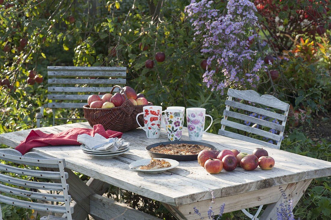 Tisch mit frisch geernteten Äpfeln und Apfel-Tarte