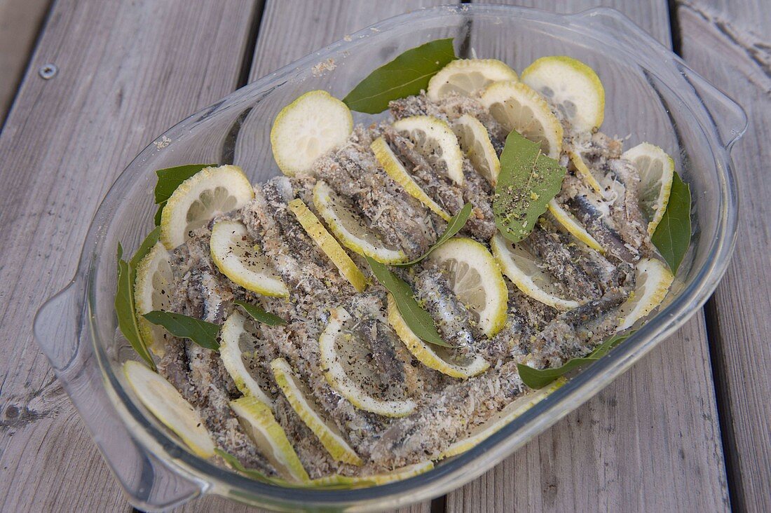 Sardines sour marinated with lemon and laurel