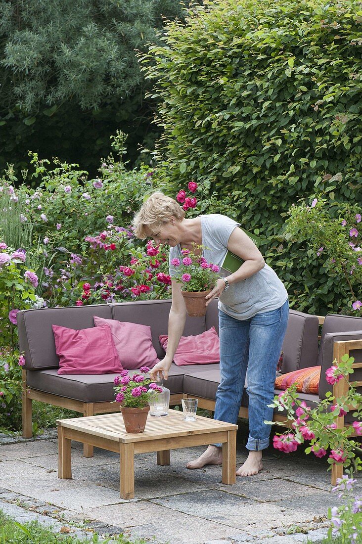 Lounge-Ecke auf kleiner Terrasse zwischen Rosen