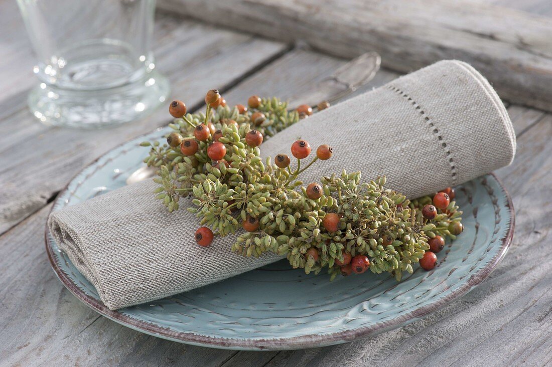 Serviette in Kränzchen aus Samenständen von Fenchel (Foeniculum)