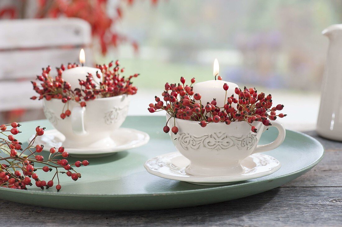 Small candle deco in conservatory-white candles with multiflora rose