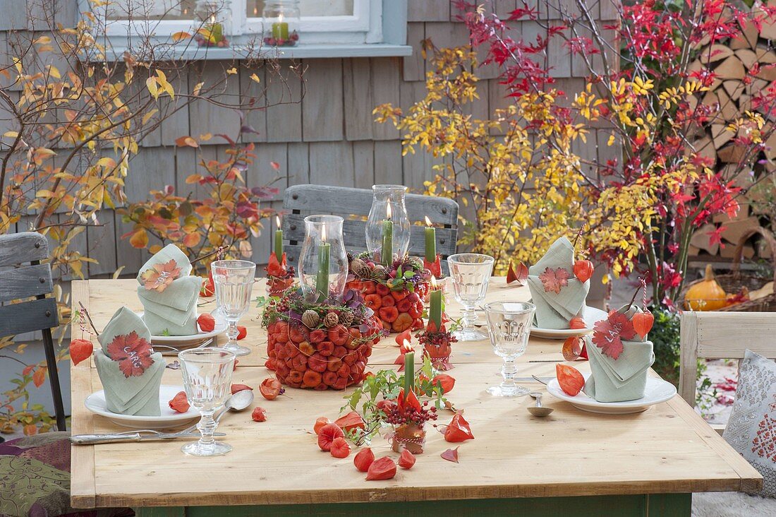 Pots with Lampion flowers stuck on as a decorative table decoration