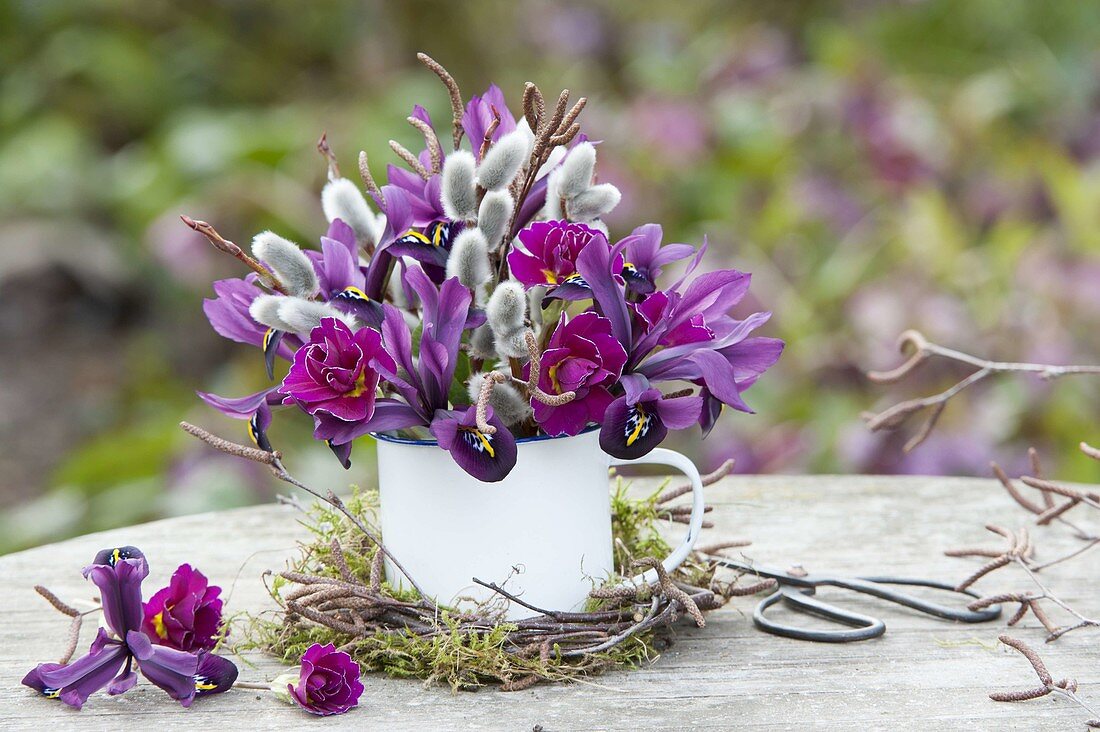 Small bouquet with catkins, iris reticulata, betula