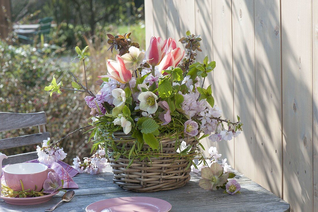 Rural spring bouquet in the basket