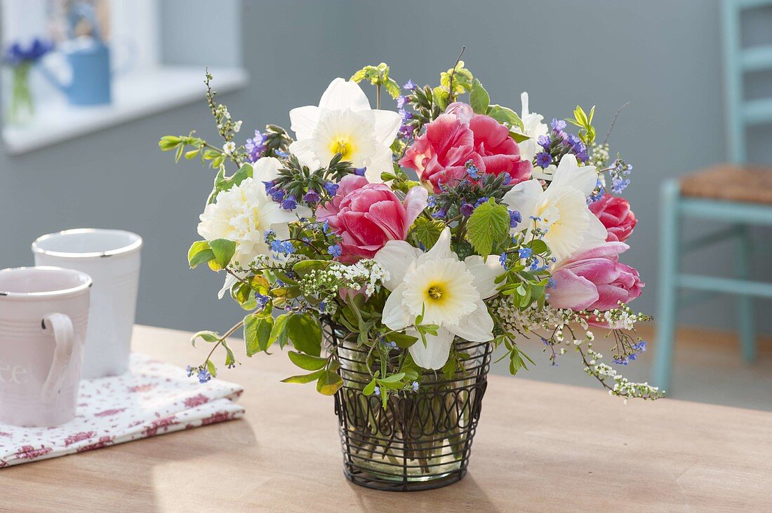 Colorful bouquet of Tulipa (tulip), Narcissus (Narcissus), Myosotis