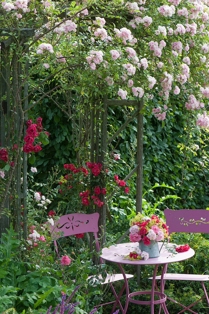 Small seat under rose arch