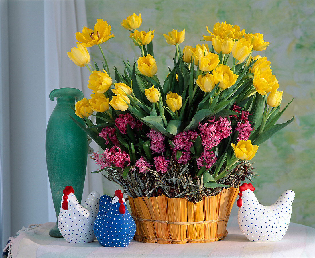 Basket with tulips and hyacinths