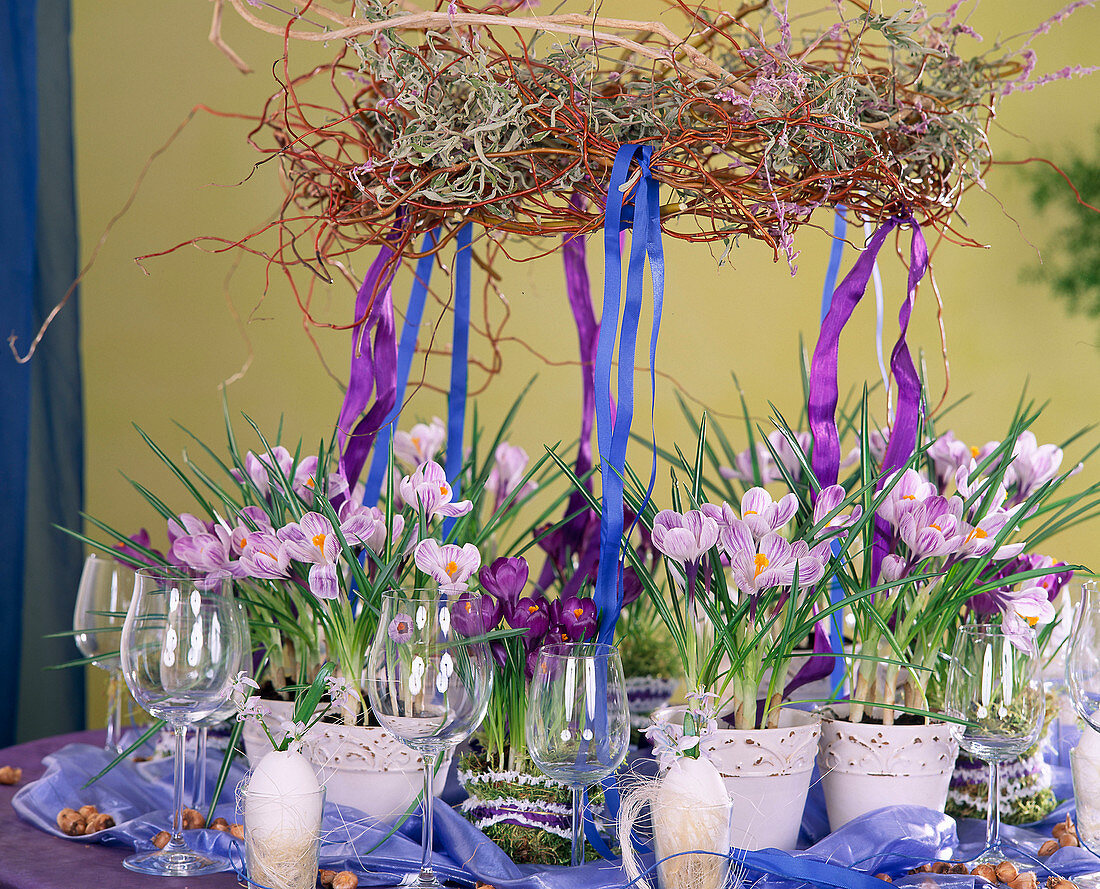 Easter table decoration with crocuses