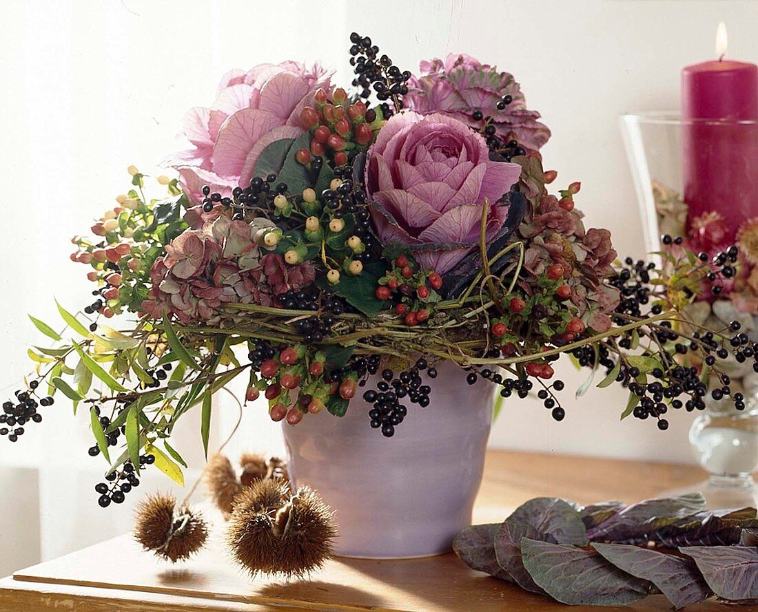 Bouquet with ornamental cabbage, hydrangea and berries