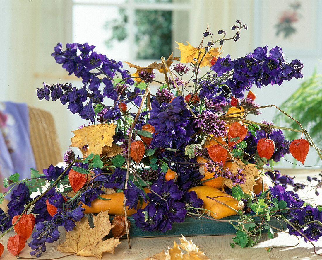 Arrangement of Delphinium (delphinium), Physalis (lantern flower)