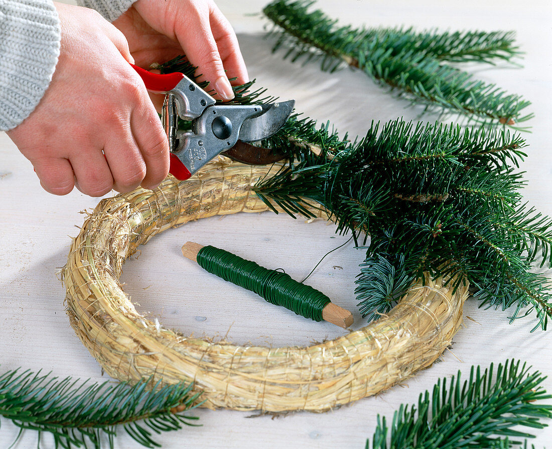 Tying an Advent wreath with Nordmann fir branches. Step 2