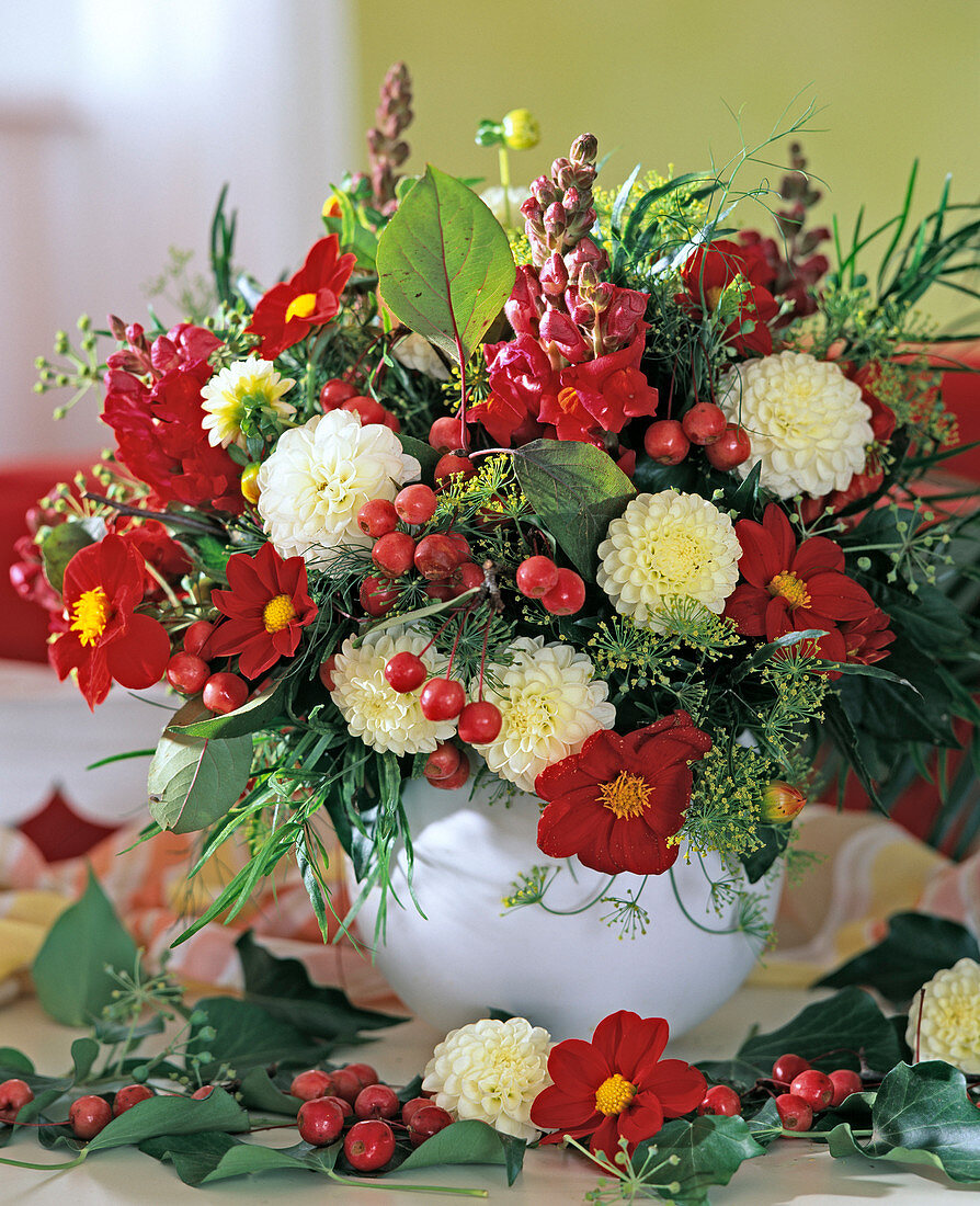 Bouquet of dahlias, snapdragons and ornamental apples