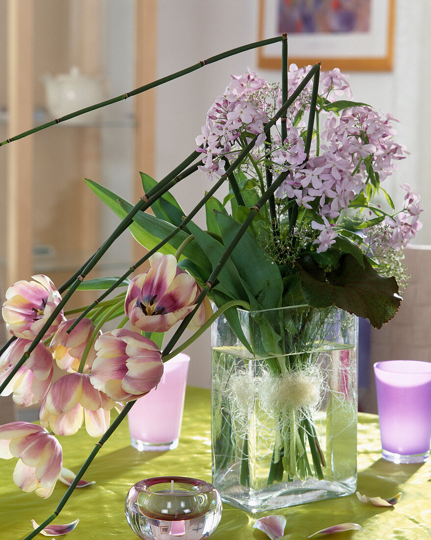 Bouquet with Lunaria rediviva, tulips and Equisetum stems
