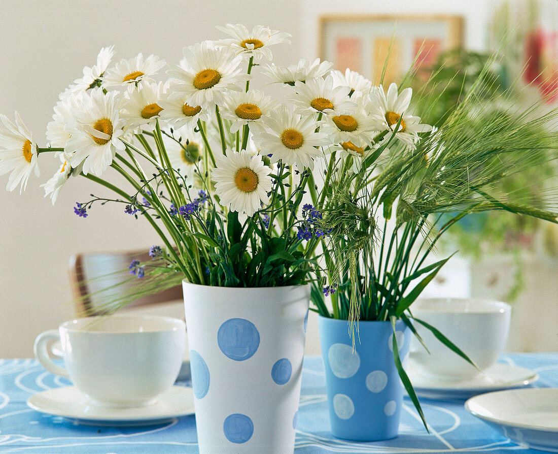 Bouquets of daisies and green barley