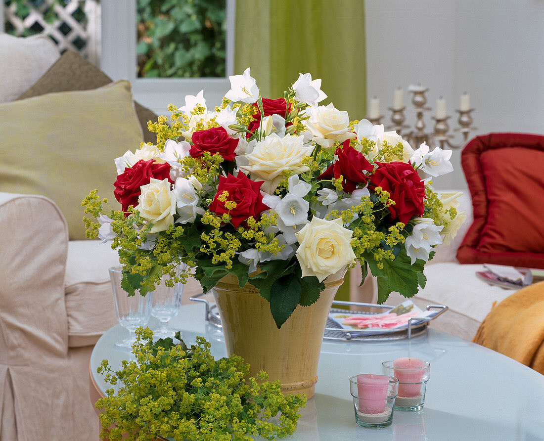 White and red roses, Campanula (bellflower), Alchemilla