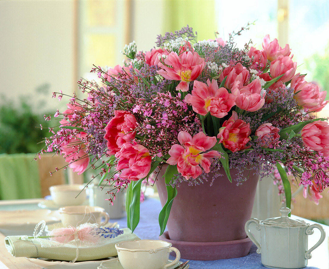 Bouquet with Tulipa (tulips), Cytisus (broom), Limonium (beach lilac)